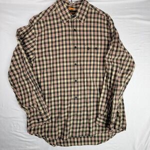 Timberland Mens Plaid Button Down Shirt Large Long Sleeve Cotton Black Red Tan